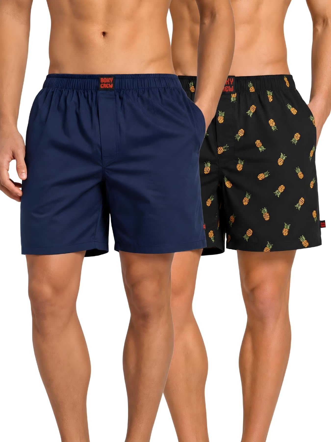 Men Boxer Shorts Pack of 2, 100% Cotton Woven Boxers, Navy Blue & Charcoal Grey, Solid & Printed Designs, Dual Side Pockets, No-Marks Inner Elastic Waistband, Relaxed Lounge & Sleep Shorts-image-12