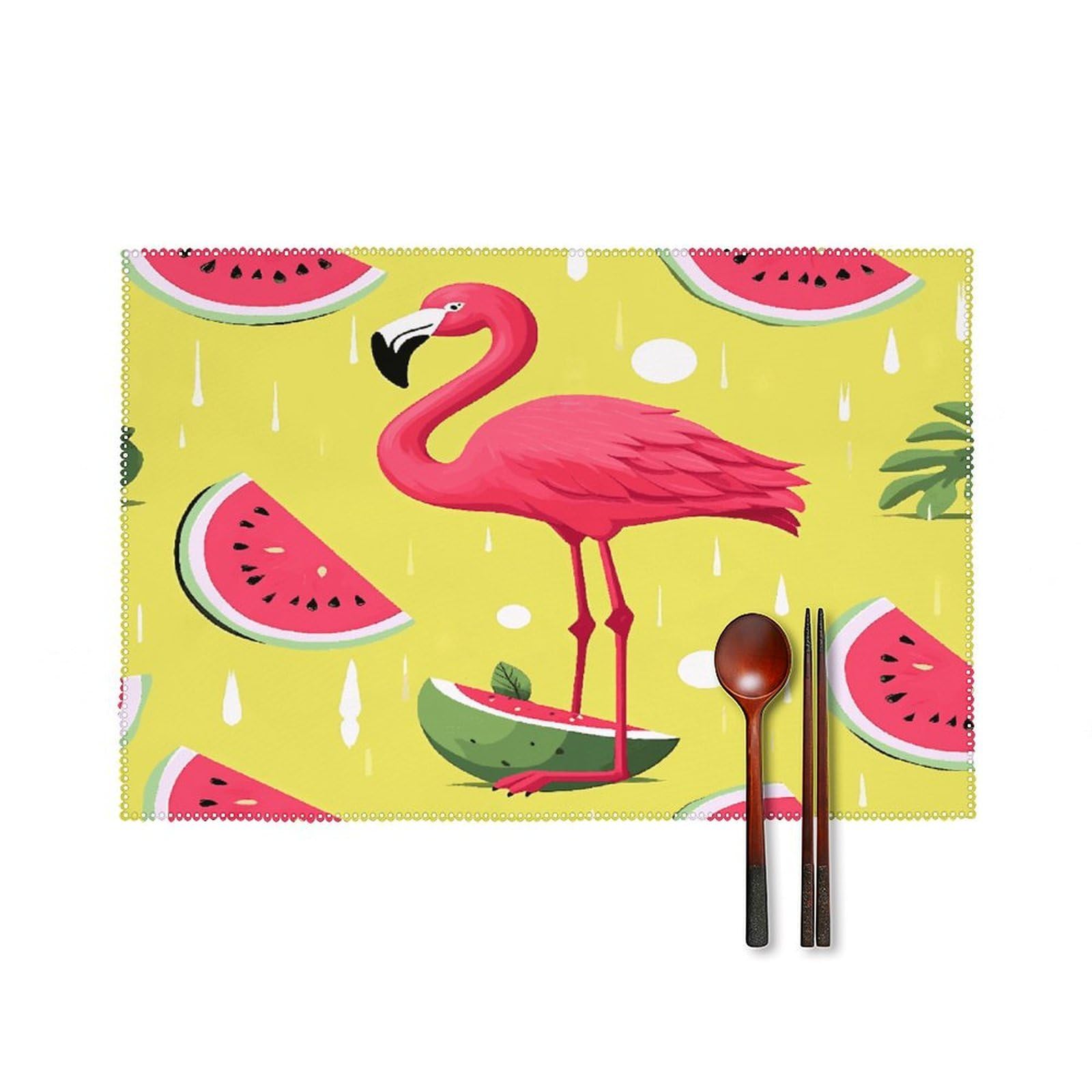 Pink Flamingo and Watermelon Placemats Set of 4 Canvas Place Mats Non-Slip Heat Resistant Table Mats Washable Waterproof Placemat Wipeable Tablemats for Kitchen Dining Decor Place Mat