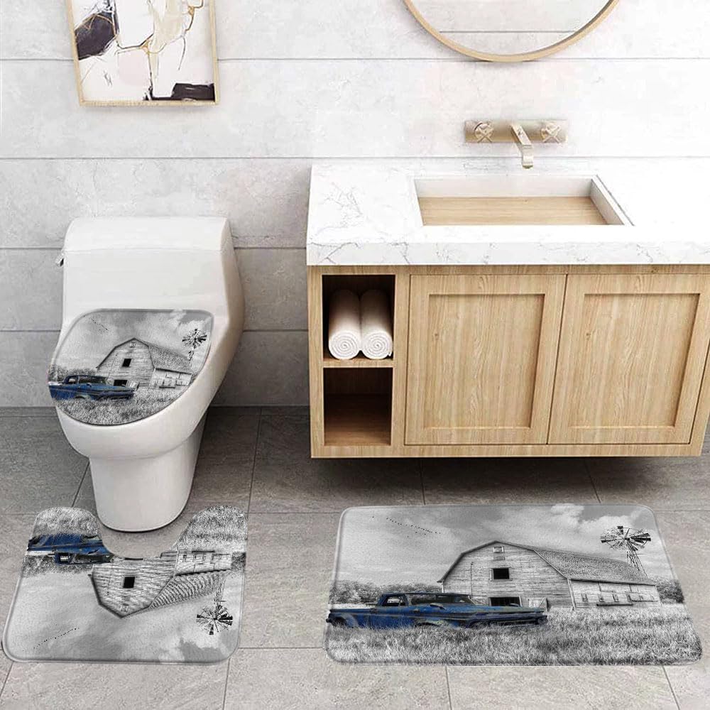 Vintage Farm Truck 3 Pcs Bath Rugs Set,Rustic Wooden Barn Old Antique Car Farmhouse Windmill American Country Bathroom Kitchen Rug with 17.8