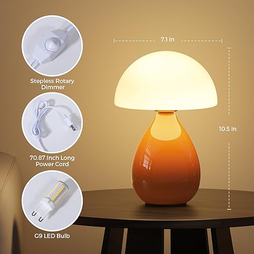 Miniatura 3 de Lámpara de hongo, lámpara de mesa pequeña vintage para dormitorio, luz nocturna LED de cerámica para niños, lámpara de noche moderna de mediados de