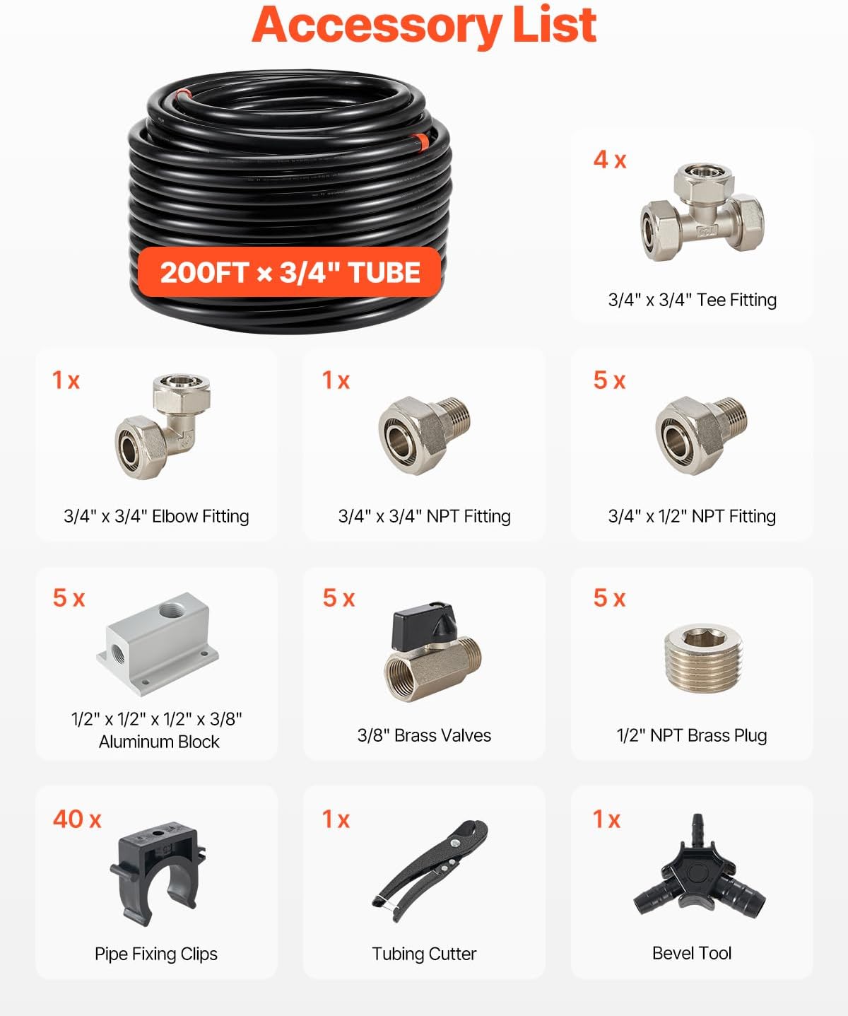 VEVOR Air Compressor Line Kit, 200FT x 3/4", HDPE-Aluminum Compressed Air Piping System, Leak-Proof & Easy-to-Install, Compressed Air Line Tubing Kit for Garages Workshops, Black
