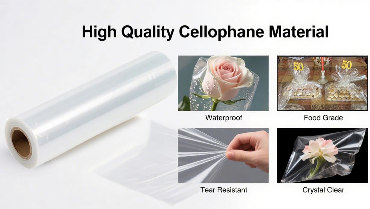 COOLAKE 220ft Clear Cellophane Wrap Roll 35" x 220 ft - 3 Mil Thick Clear Gift-Wrapping Paper for Treats Gift Baskets, Flower Bouquets, Crafts & Party Decor (35" fold into 17.5”)