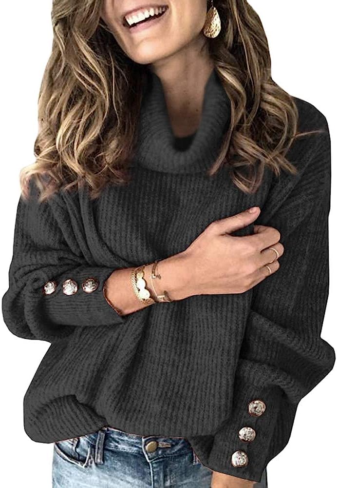 Pull Col Roulé Femme Hiver - Manches Longues Tricoté Décontracté Avec Boutons Métal | Taille Oversize | Matière Douce Et Chaude
