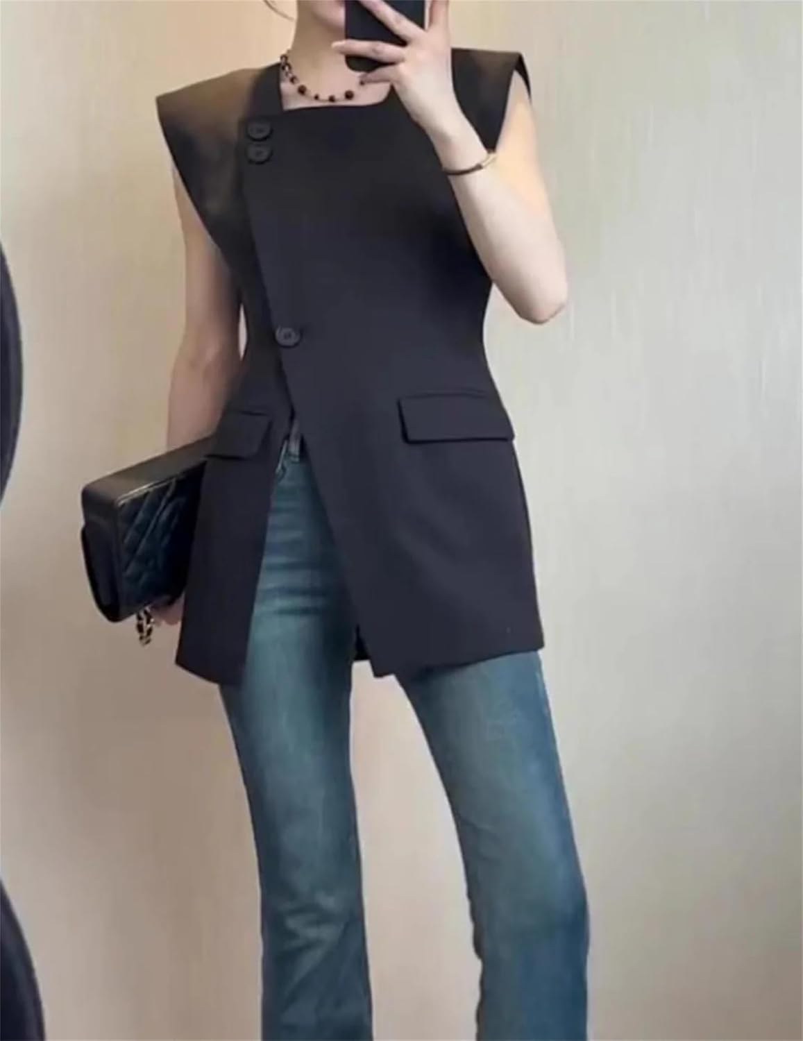 Women’S Solid Suit Vest Summer Split Sleeveless Top Office Waistcoat With Pockets