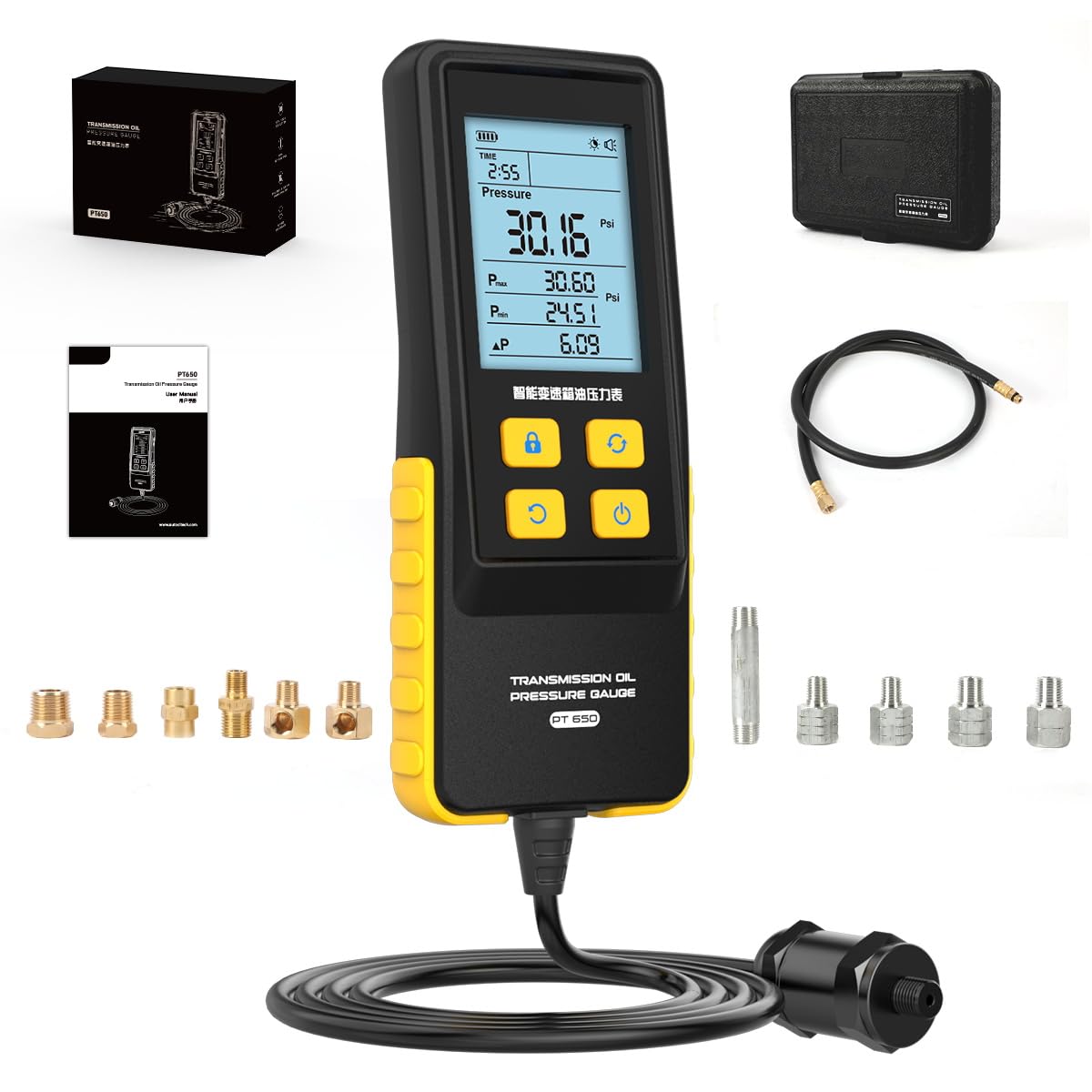 QPKING PT650 Transmission Oil Pressure Gauge 2.8 Inch Display Transmission Oil Pressure Tester 0-426PSI Data Holding and Zeroing