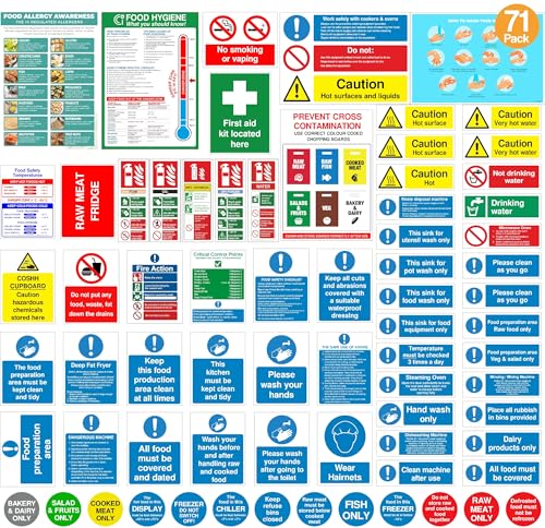Rubigo Juego completo de señales de seguridad para cocina, 71 calcomanías autoadhesivas, impermeables y resistentes al calor, cumple con la norma ISO 7010, uso comercial en cocina, higiene alimentaria