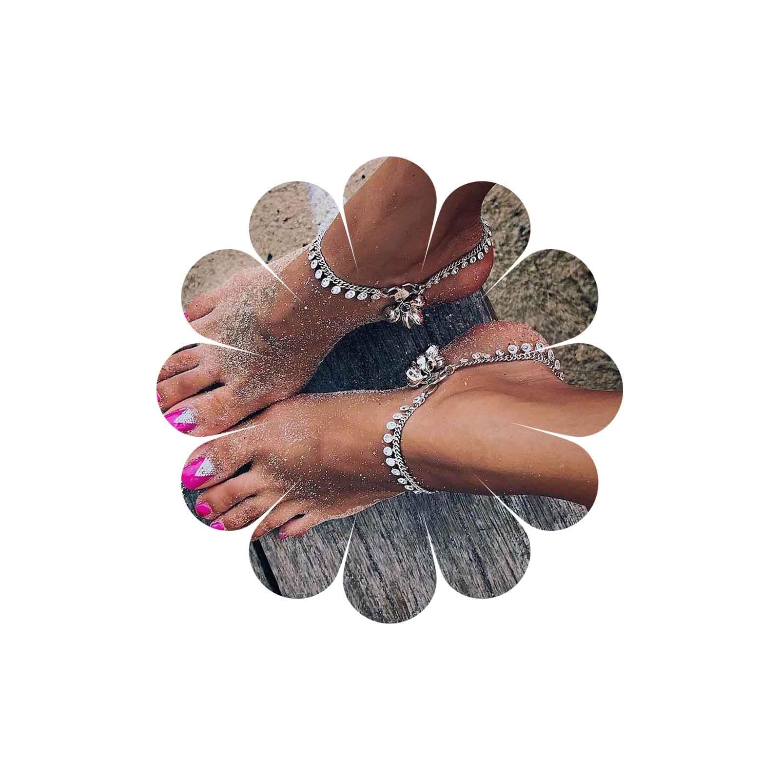 Bracelet De Cheville Boho Disque Argent - Sandales Pieds Nus Tribal Avec Gland Pour Été