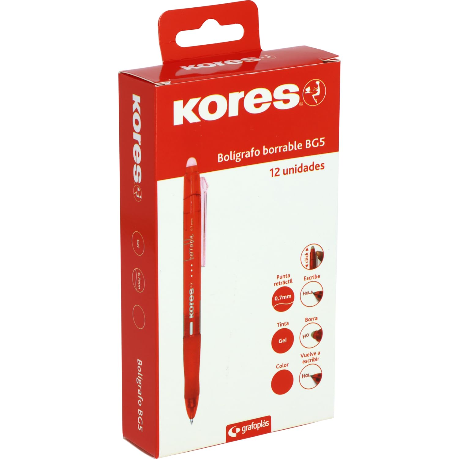 Kores | Pack of 12 Red Erasable Pens BG5 | Gel Ink | 0.7 mm Tip | Retractable | Ergonomic Grip | No Smear | No Damage Paper | Leaves No Rubber Remains | Perfect School and Office Supplies
