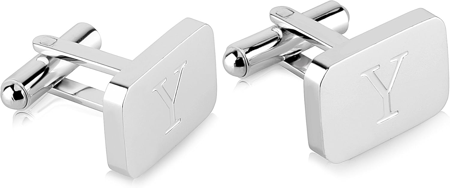18K White-Gold Plated Initial Engraved Stainless Steel Men’s Cufflinks With Gift Box -Personalized Alphabet Letter’s A-Z By Lux & Pair - Image 4