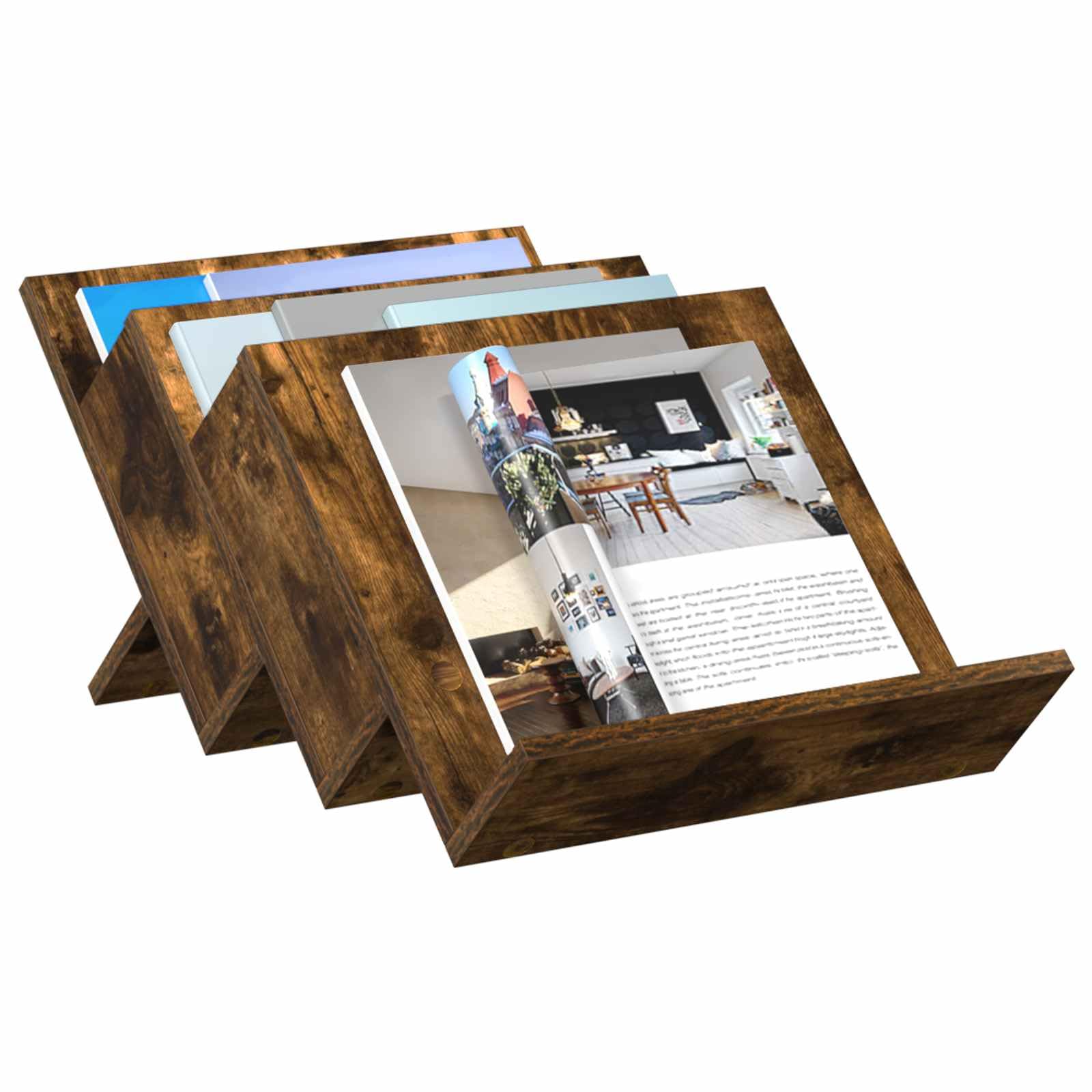 Portariviste in rovere affumicato, 53 x 40 x 28,5 cm, con 3 ripiani, versatile portariviste per soggiorno, ufficio, bagno, conservazione stabile e pratico ripiano