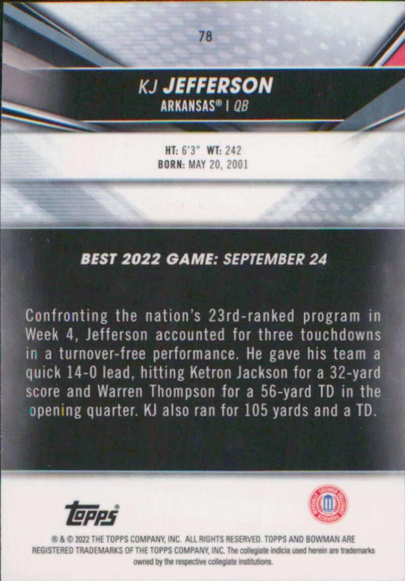 2022-23 Bowman's Best Chrome University #78 KJ Jefferson Arkansas Football Card - GotBaseballCards