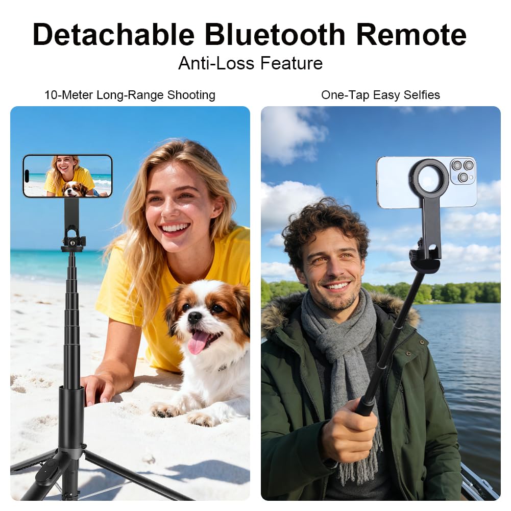 Selfie Stick Treppiede per Telefono, 190cm Bastone Selfie Magnetico, con Telecomando Bluetooth Staccabile e Vite da 1/4 pollice, Treppiede Portatile Estensibile Compatibile con iPhone e Camera