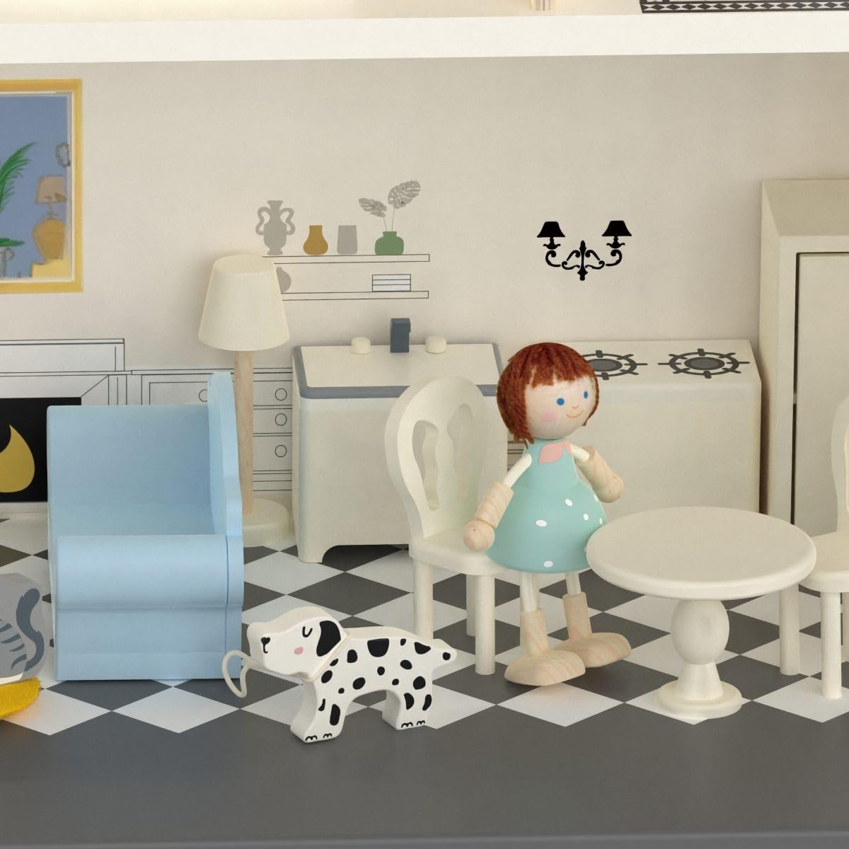Classic World Puppenhaus aus Holz, 3-stöckig im Vintage-Stil mit Möbeln, Biegepuppe & Hund, abnehmbares Dach & Türen, Rollenspiel für Kinder ab 3 Jahren