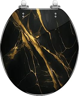 Round Toilet Seat Luxury Black Gold Marble texture Panoramic Marbling texture design Resin Toilet Seat Quietly Slow Close with Quick-Release Hinges Toilet Seat with Cover Easy to Clean Install