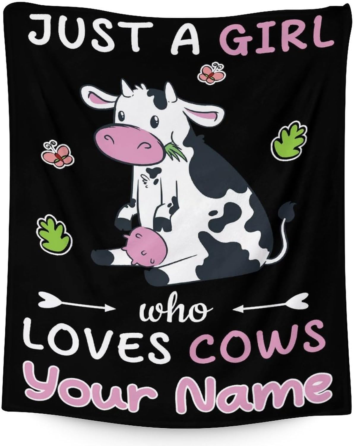 Personalized Cow Blanket for Kids - 40x50 Inches Crib Size - Soft Fluffy Cow Blankets - Black Cute Throws for Couch