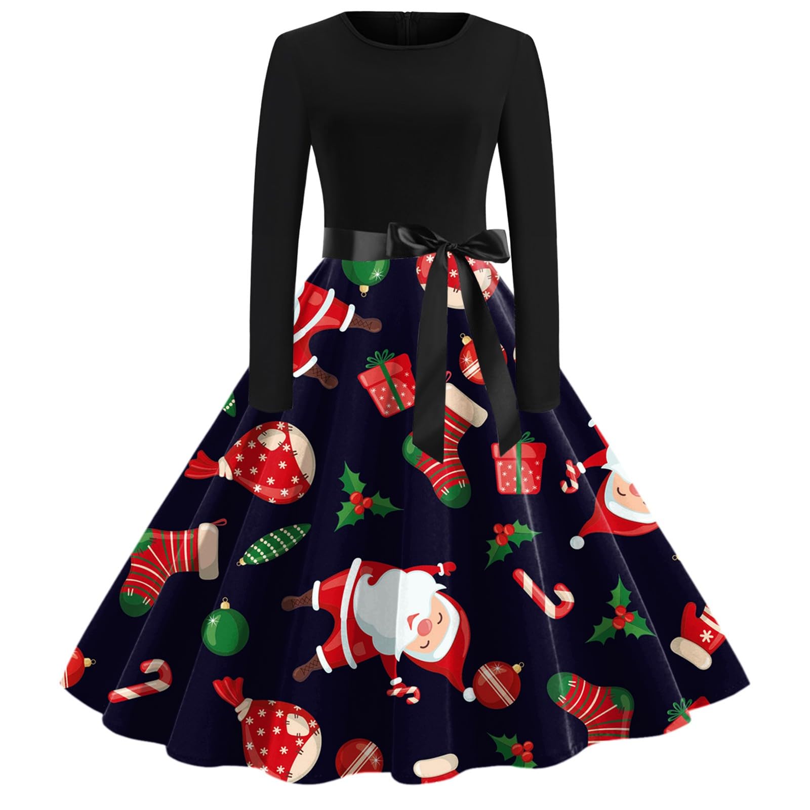 Générique Abito natalizio stampato a maniche lunghe e fiocco da donna, abito elegante e festivo per serate invernali con motivo colorato e design confortevole per tutte le occasioni