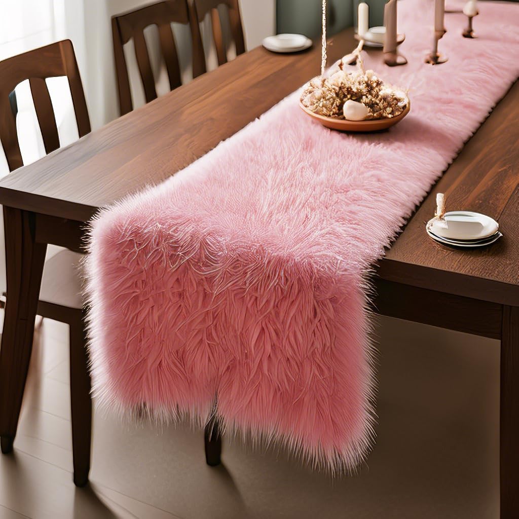 Faux Fur Table Runner,Table Runner for Soft Luxury Winter Decor Xmas Table Runner Decorations Party Birthday Dresser Cover Coffee Table Runner(Pink, 12x47 Inch)