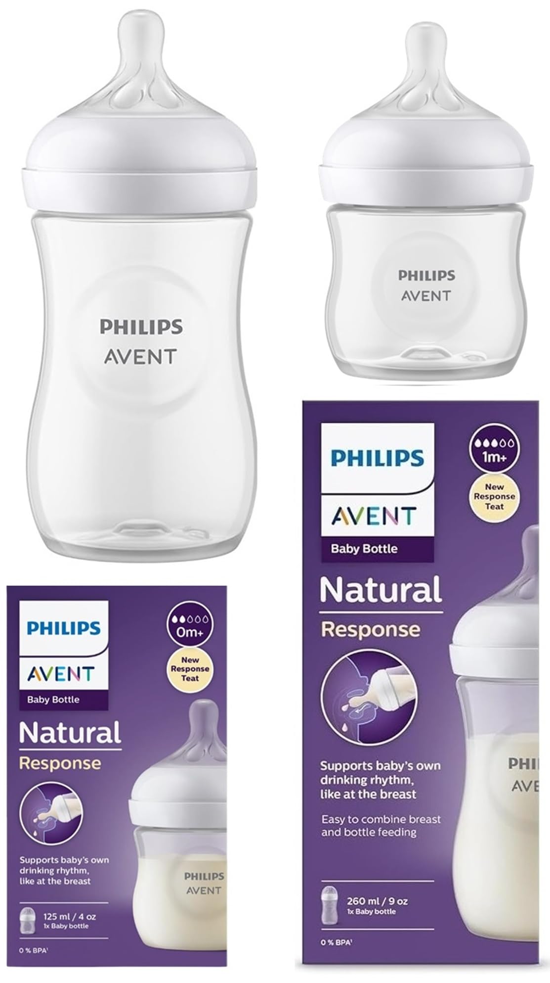 Philips Avent Natural Baby Feeding Bottle Combo| No.1 Brand Recommended by Moms Worldwide | Natural Response Technology Mimics Breastfeeding (Clear 125ml+260ml Combo)