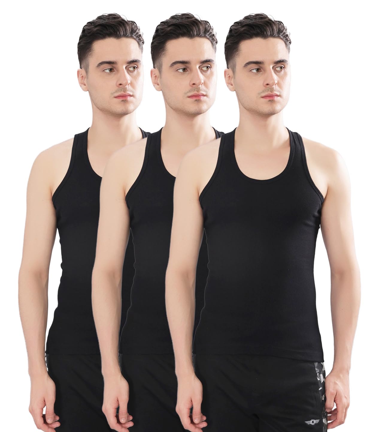 Men's Pack of 3 Solid Cotton Regular Vest, Black - X-Large