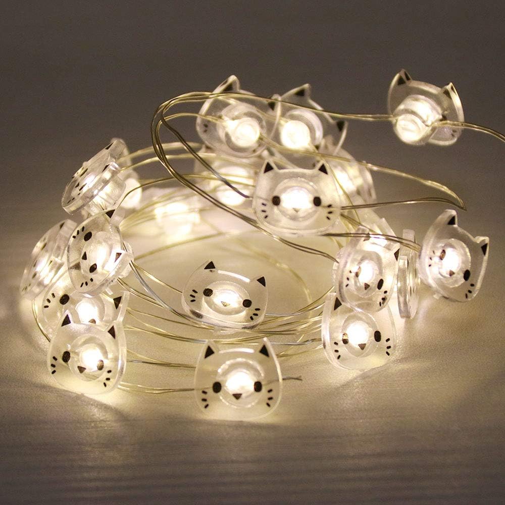 GUOCHENGCat LED String Light 2.2m Silver Wire Fairy Light Strings Battery Power Animal Starry Lights for Christmas Party Bedroom Home Decor