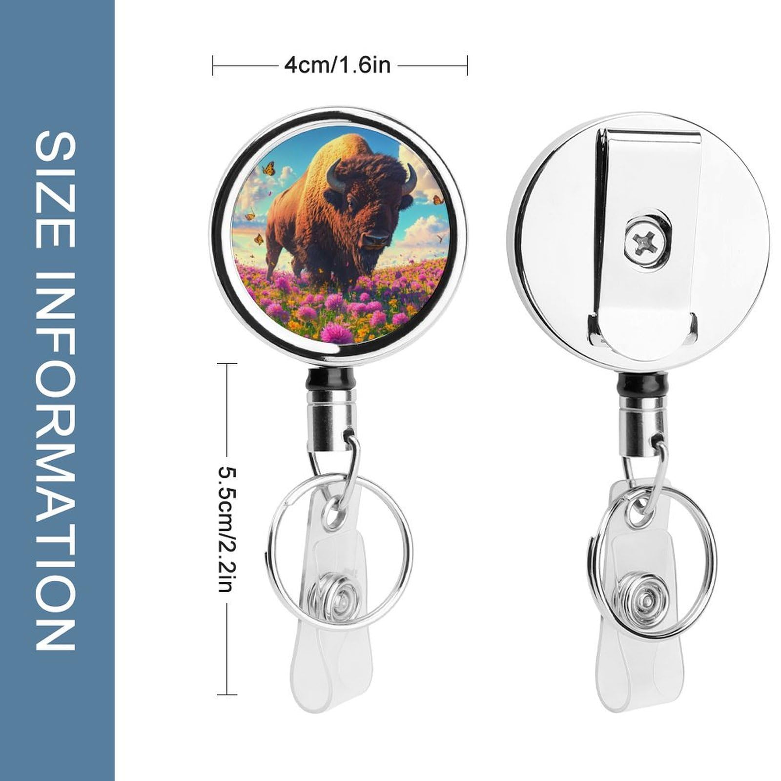 Buffalo Bison Field Retractable Badge Holder Metal ID Name Holder Key Ring with Belt Clip