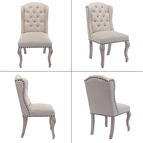 Miniatura 9 de chairus Parsons - Juego de 2 sillas de comedor tapizadas estilo rústico francés con ribete de cabeza de clavo y patas de madera curvas, sillas de