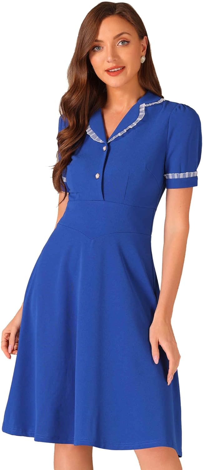 Allegra K Peter Pan Collar Dress for Women's Work Puff Sleeve Vintage Dresses