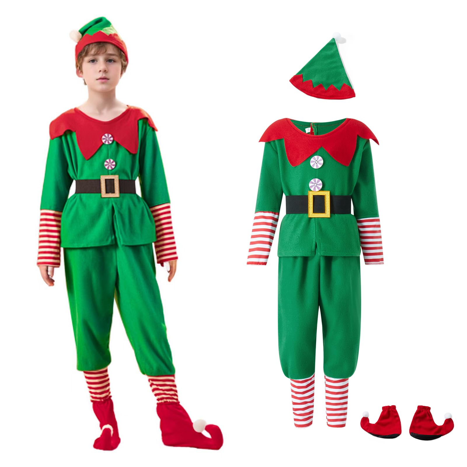 NEDROMYM Christmas Costume Outfit for Boys Girls, Elf Costume Cosplay Xmas Party Festive Outfits for Kids 2 3 4 5 6 7 8 Year