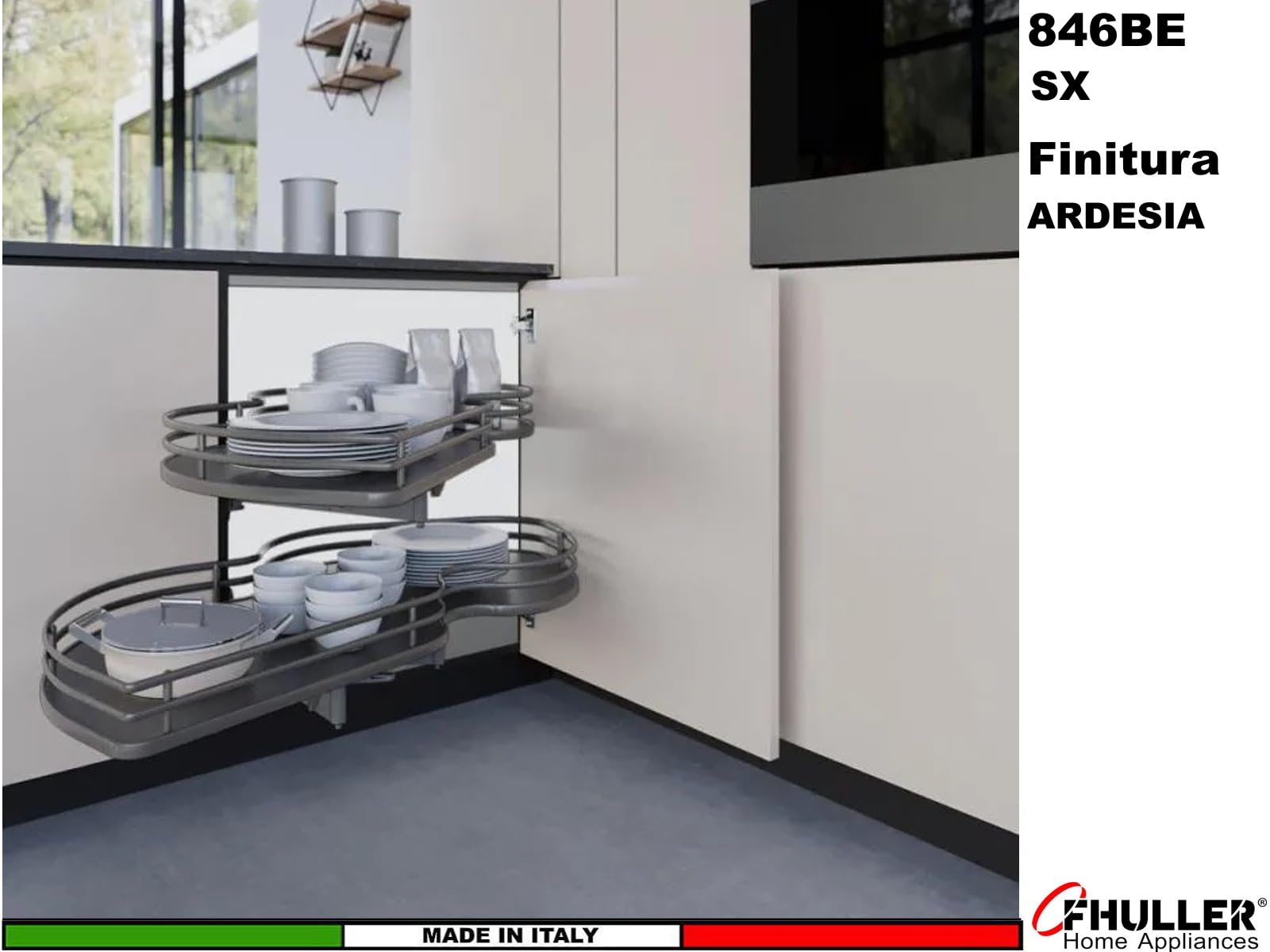 Meccanismo 846BEY/SX45 Base Angolo Estraibile Cucina 2 Livelli Organizer Cucina,Cestello Girevole,Estrazione Totale Ammortizzata Per Base Angolare 105X60 Anta 45 SX Struttura cesto Ardesia