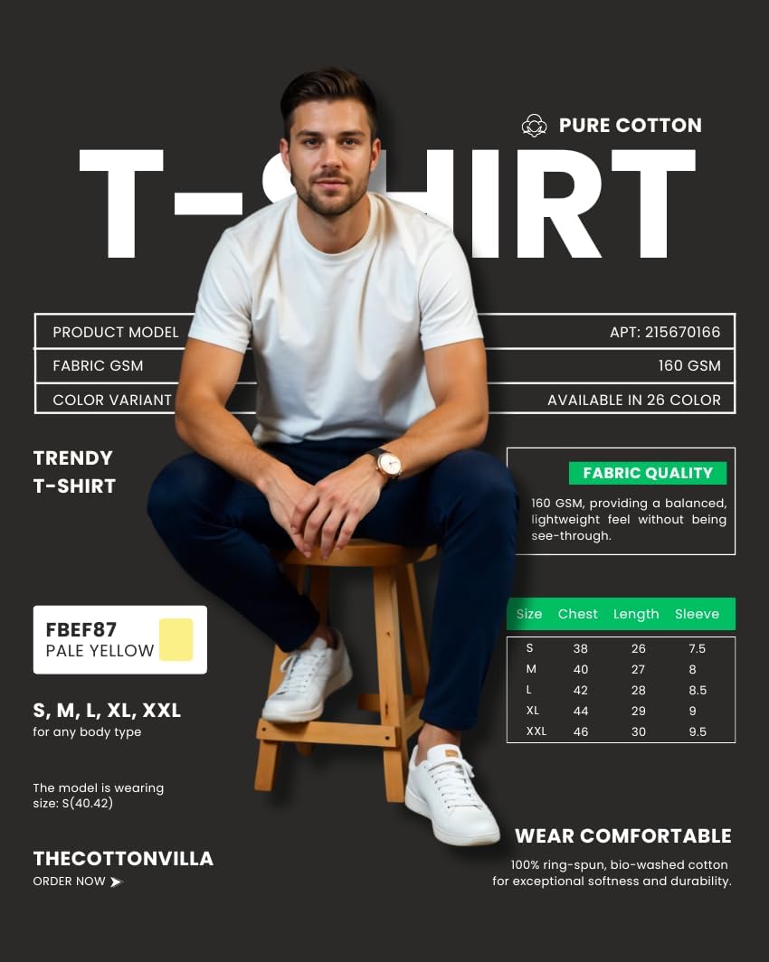 Men’s 100% Cotton Crew Neck T-Shirt – Ring Spun Cotton, Soft Crew Neck Tee, Casual Short Sleeve, Breathable, Lightweight, Classic Slim Fit, Pre Shrink, Pale Yellow, L - Image 4