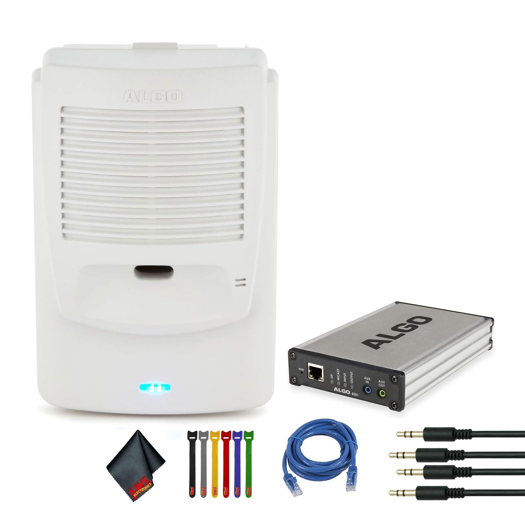 Algo 8180 PoE IP Paging and SIP Loud Ringer Indoor Audio Alerter Bundle with Algo 8301 IP Paging Adapter & Scheduler, Ethernet (RJ-45) Cable, 2X Auxilary Cable, Cable Ties, 6th Avenue Fiber Cloth
