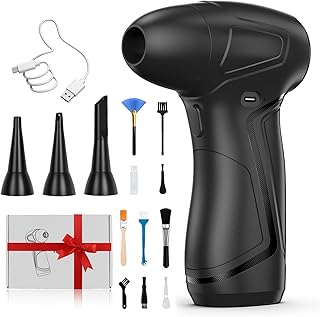 PureWellness Compressed Air Duster Can, Cordless Air Blower, Rechargeable Electric Duster & 3 Nozzles for Keyboard, PC, Home Cleaning, Portable Cleaning Kit, Black