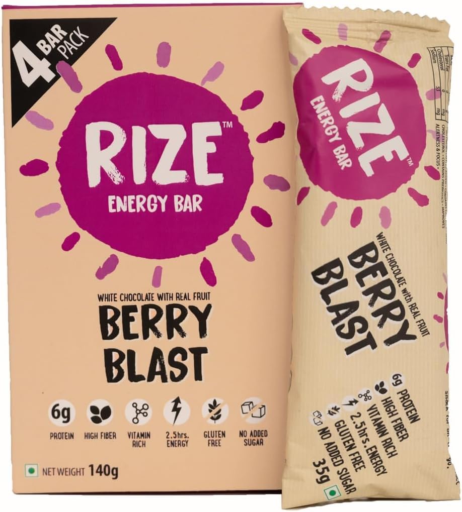 RIZE Energy Bar | Caffeinated Energy Bar with 6gm High Protein | Sugar Free and Healthy Snacks for Men & Women | High Fiber, Gluten Free Protein Bars, Zero Added Sugar | Pre and Post Work Out Protein Bar (Berry Blast - Pack of 4 Bar)