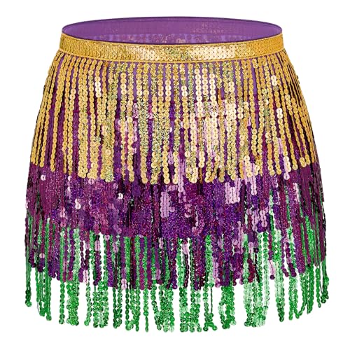 Century Star Belly Dance Skirt Hip Scarf Sequin Fringe Skirt Boho Clothes Tassel Disco Mini Dress Cowgirl Rave Outfits for Women Festival Playsuit for Girls Gold Purple Green