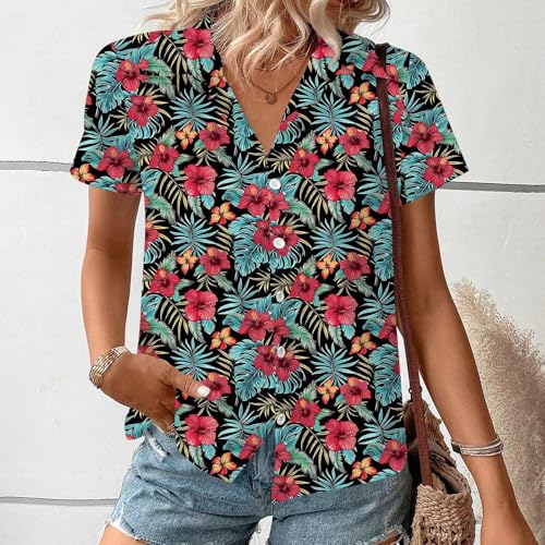 Women's Hawaiian Shirts Summer Plus Size Beach Shirt Short Sleeve Button Up Tops Cool Floral Tropical Printed Blouses4