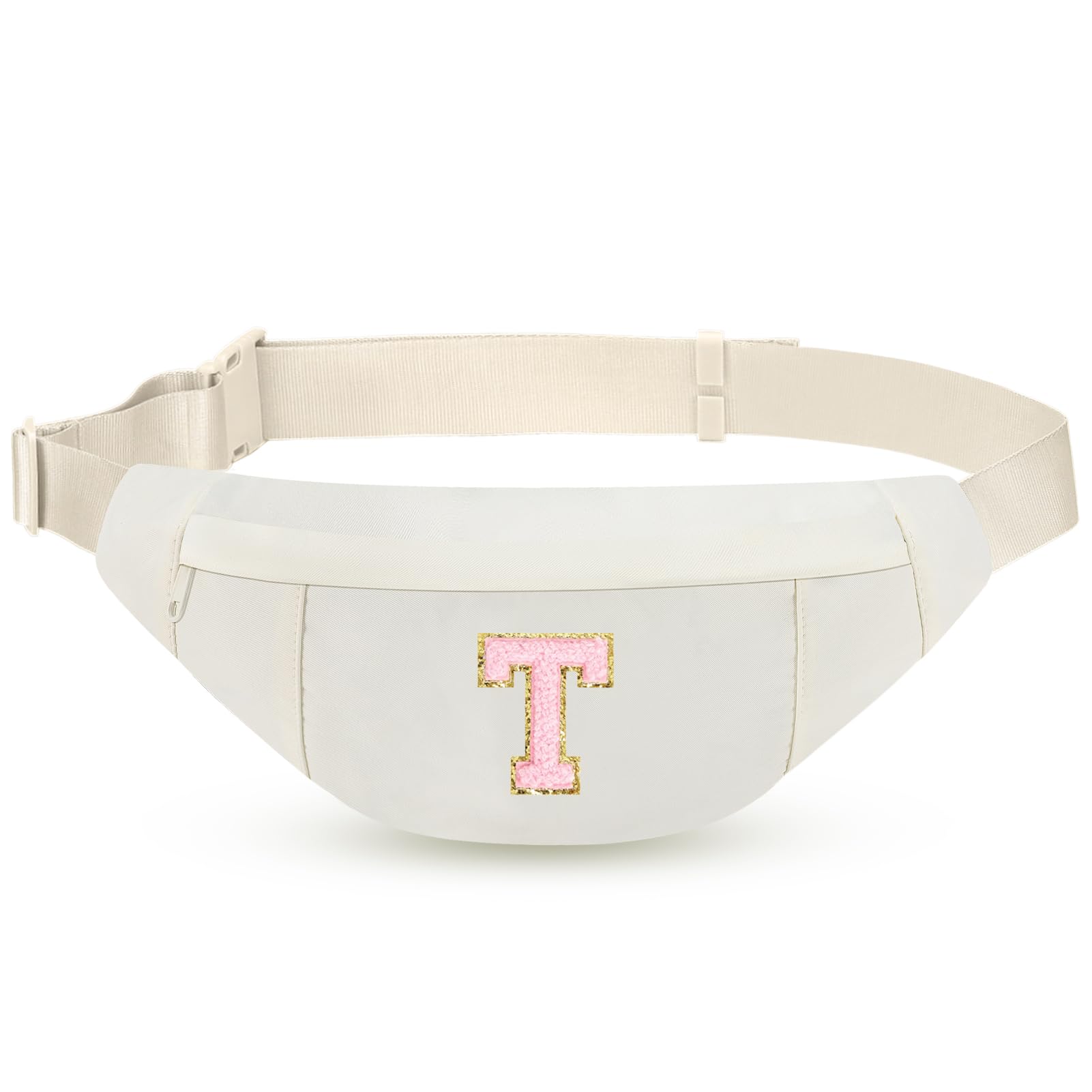 MAXTOP Birthday Gifts for Women Men,Personalized Initial Letter Patch Fanny Pack Crossbody Bag with 3-Zipper Christmas Gift Trendy Stuff for Daughter Sister Her,Beige T
