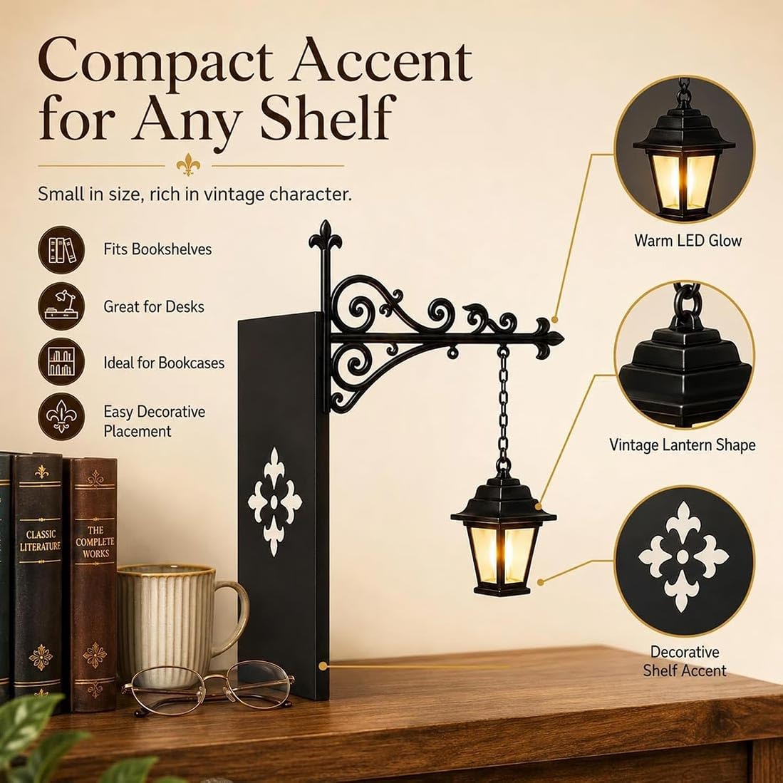 Generico Lanterna per biblioteca, luce notturna in stile retrò, illuminazione decorativa per scaffali, luci sospese fantasy, ornamento per studio, per angolo lettura e casa.(2 pz)