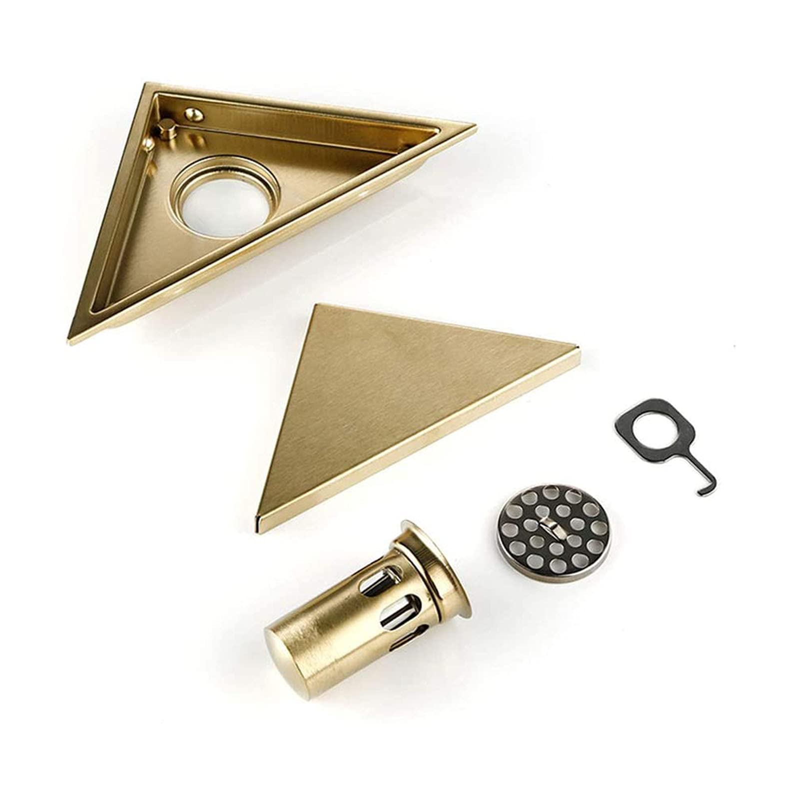 Scarico doccia, scarico a pavimento in acciaio inox per bagno, scarico a pavimento con inserto in piastrelle triangolari, scarico doccia con griglia rimovibile, filtro raccogli-capelli, oro spazzolato
