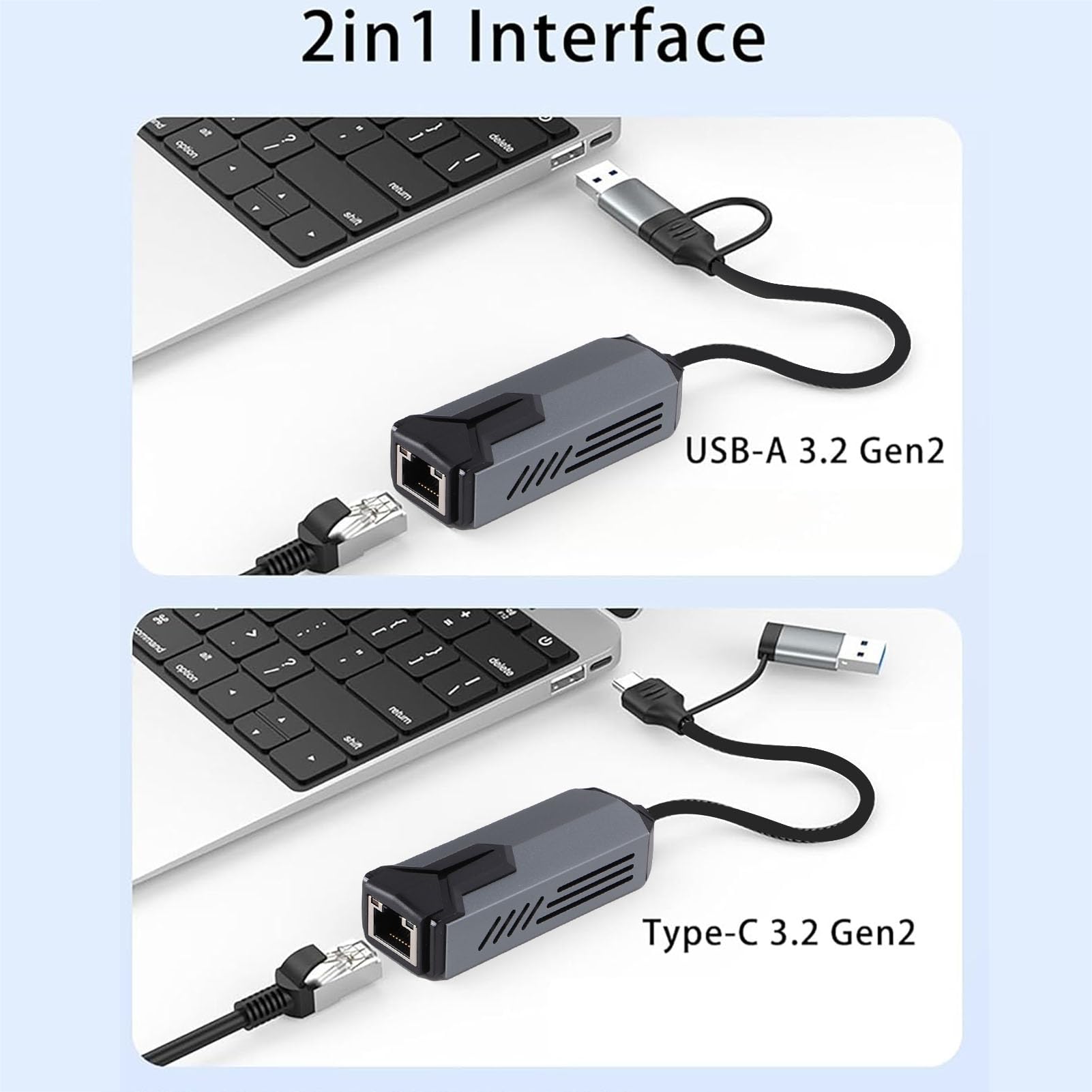 Adapter Ethernet 5G Usb3.0, 5000 Mb/s 2 w 1 USB A Typu C na RJ45 Obudowa ze Stopu Aluminium Rozpraszanie Ciepła Kompatybilny z Adapterem USB na Ethernet 10–2500 Mb/s do