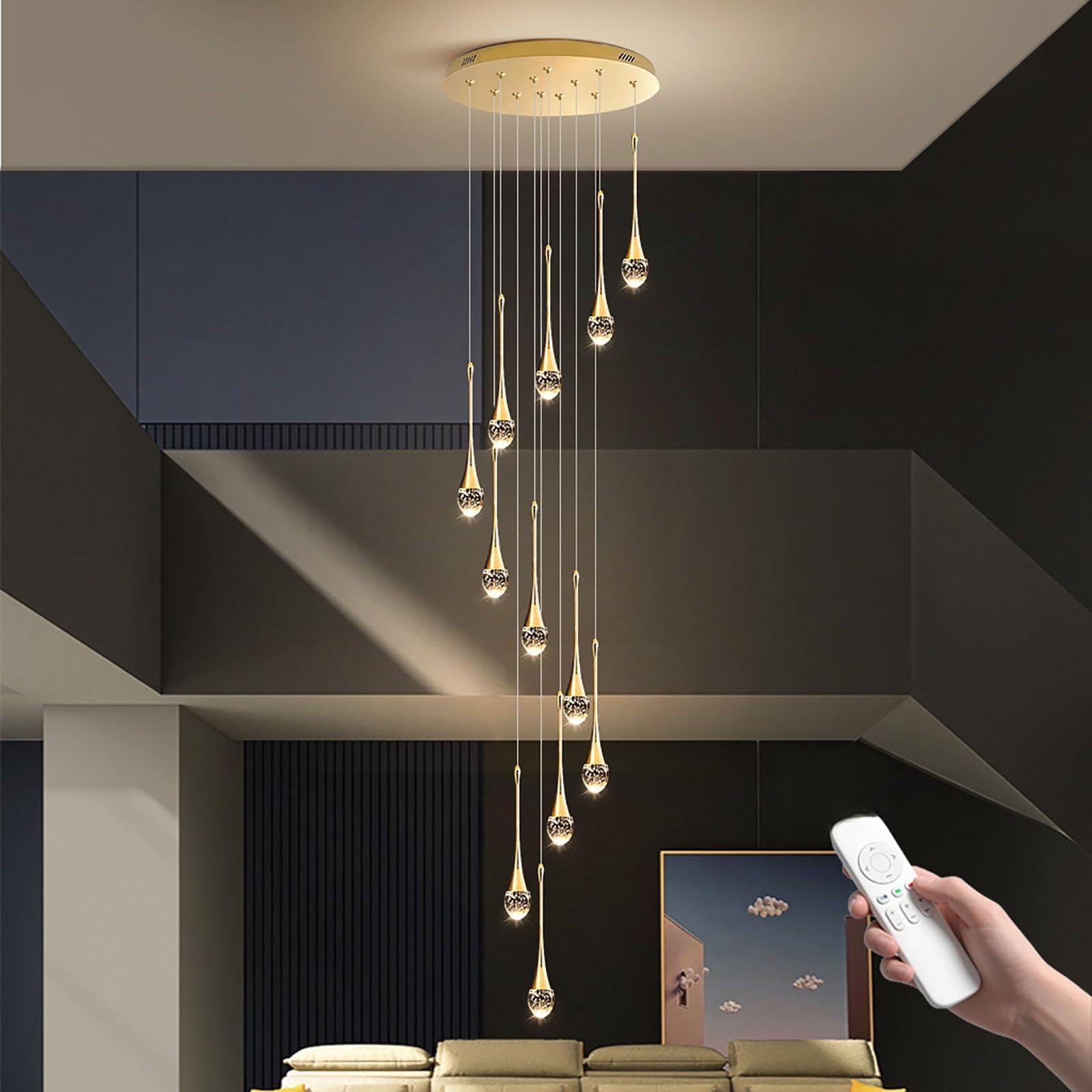 PCXEHUYP 12 Lights Crystal Bubble Chandelier for Staircase,Modern 72W Dimmable Lighting with Remote,118inch Adjustable Height Ceiling Light Fixture Villa,High Ceiling,Foyer(12 Lights, Raindrop)