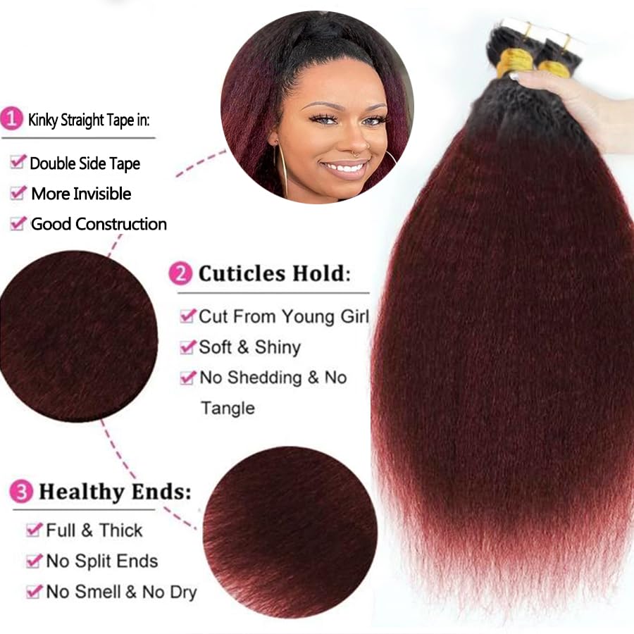 Ombre Burgundy Wine Red Kinky Straight Tape on Extensions Human Hair 1b/99j Seamless Taping In Real Human Hair Extension 50g/20pcs for Women Skin Weft Coarse Straight Tapes Ins 18 Inch