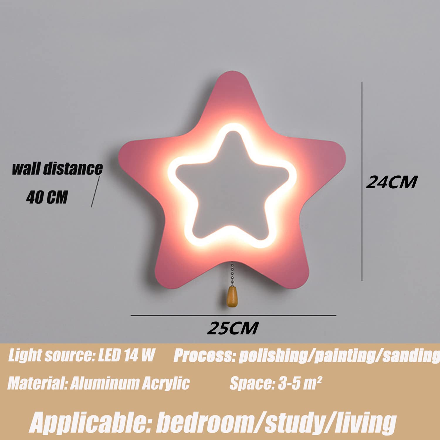14W LED kinkiet do pokoju dziecięcego gwiazda, kinkiet w stylu kreskówki z wyłącznikiem, ściemniana lampka nocna dla dzieci, projekt ochrony oczu lampka nocna, akrylowy abażur,Pink