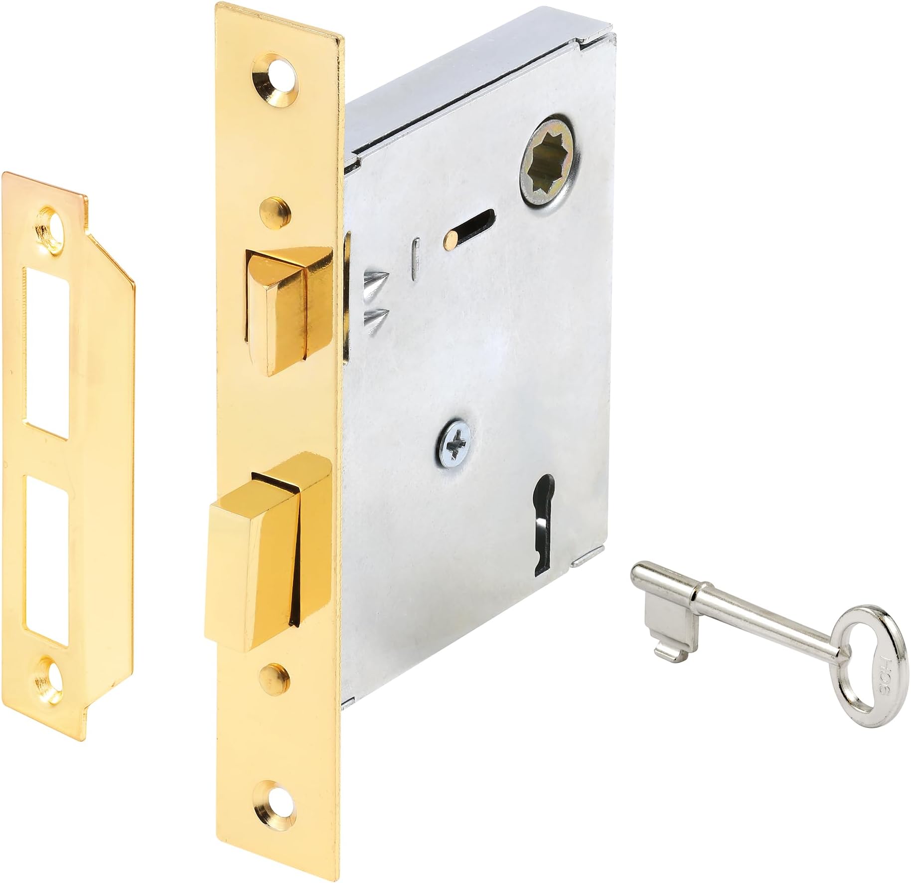 Prime-Line E 2294 Vintage Style Indoor Mortise Lock Assembly Kit – Cast Steel, Brass Plated Finish, Antique Skeleton Key – Backset, 1/4” Max Square Spindle - Reversible Latch Bolt (Single Pack)