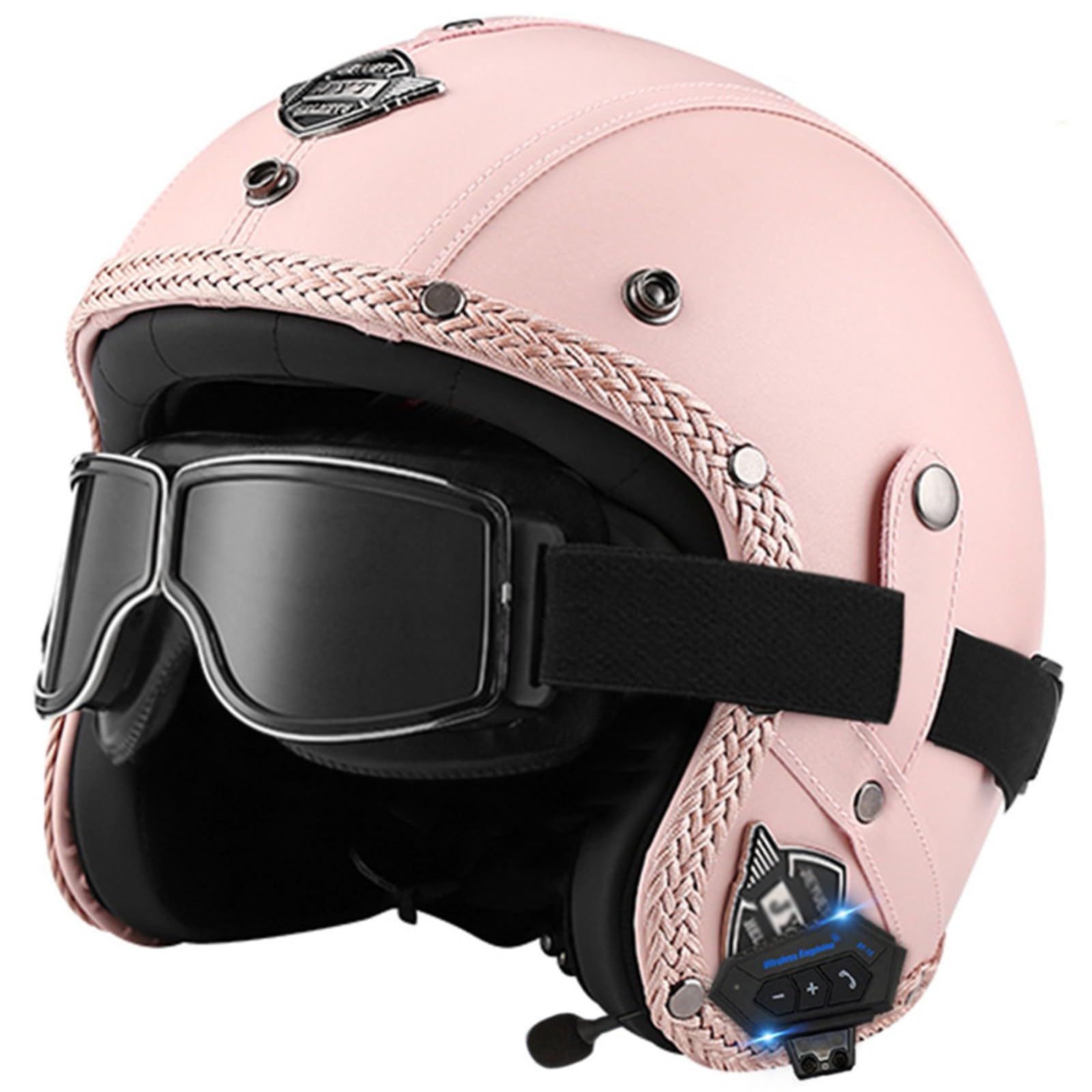 Motorbike Open Face Bluetooth Helmet Retro Jet Motorcycle Leather Helmet Adult Half Helmet with Fashion Goggles ECE Approved Men's and women's 3/4 helmets Moped Scooter