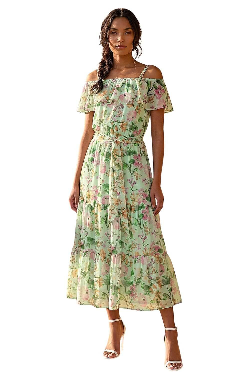 Roman Women's Mint Floral Bardot Midi Dress Size 16