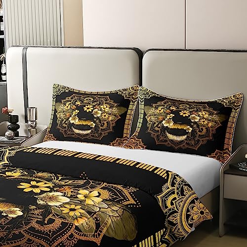 Cotton Bee Bed Sets Boho Mandala Duvet Cover Yellow Flowers Bedding Set King Animal Themed Comforter Cover with Zipper Closure Hippie Florals Bedroom Set Orange Gold Ombre Gradient Decor,Black - Image 4