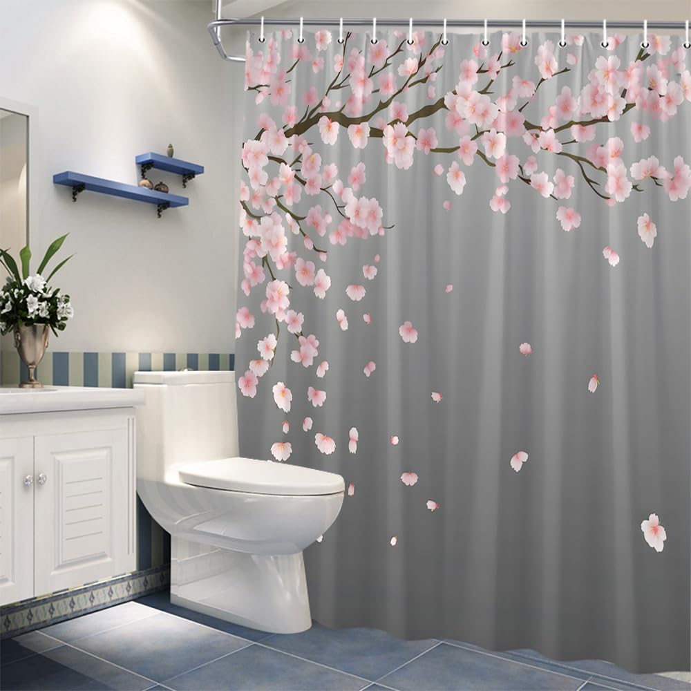 Rideau de salle de bain en tissu fleurs de cerisier 140 x 220 cm