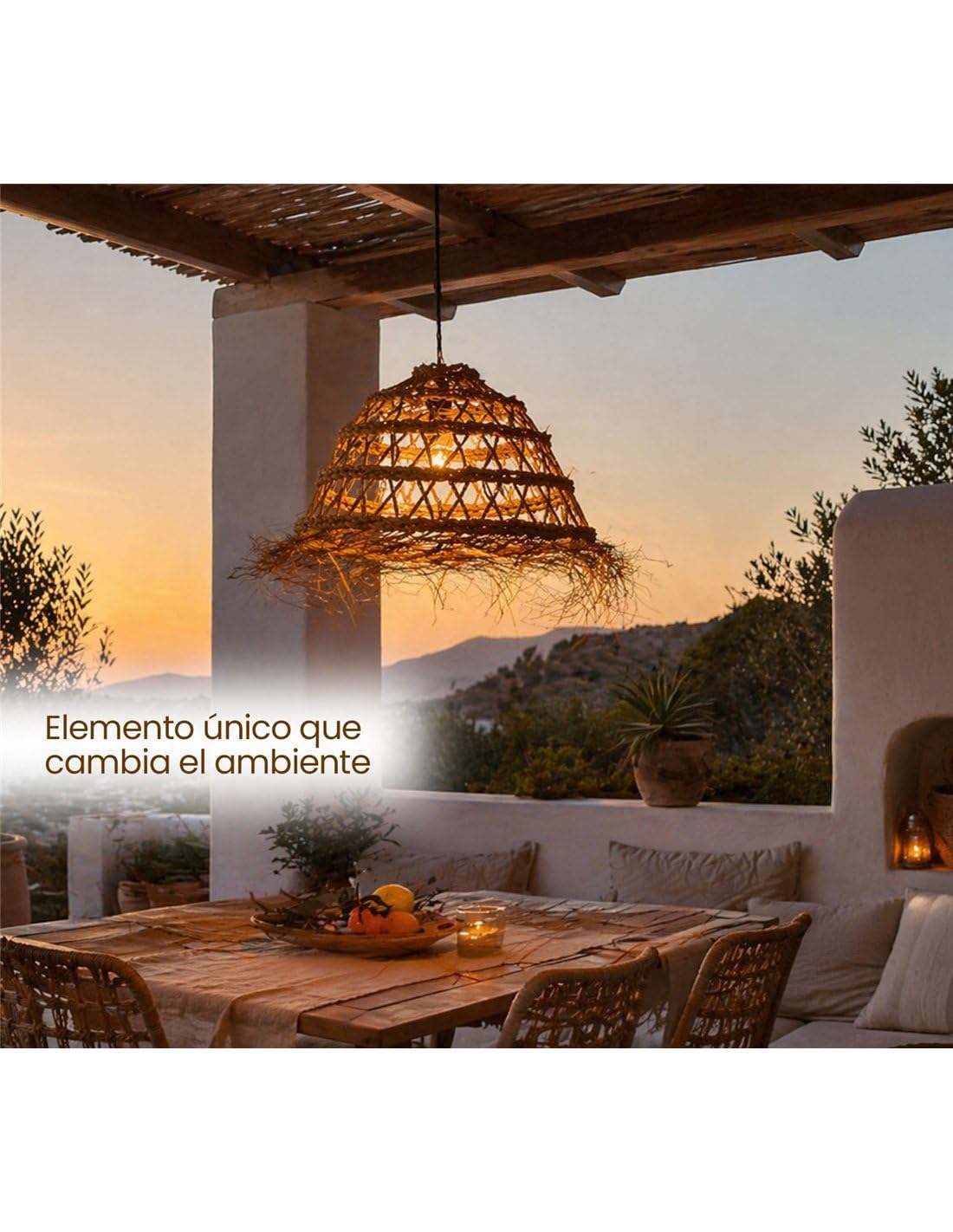 JARDIN202 - Lámpara de Esparto con Flecos | Diseño Redondo Calado | Artesanía para Techo | Interior y Porche Techado | (Pequeña)