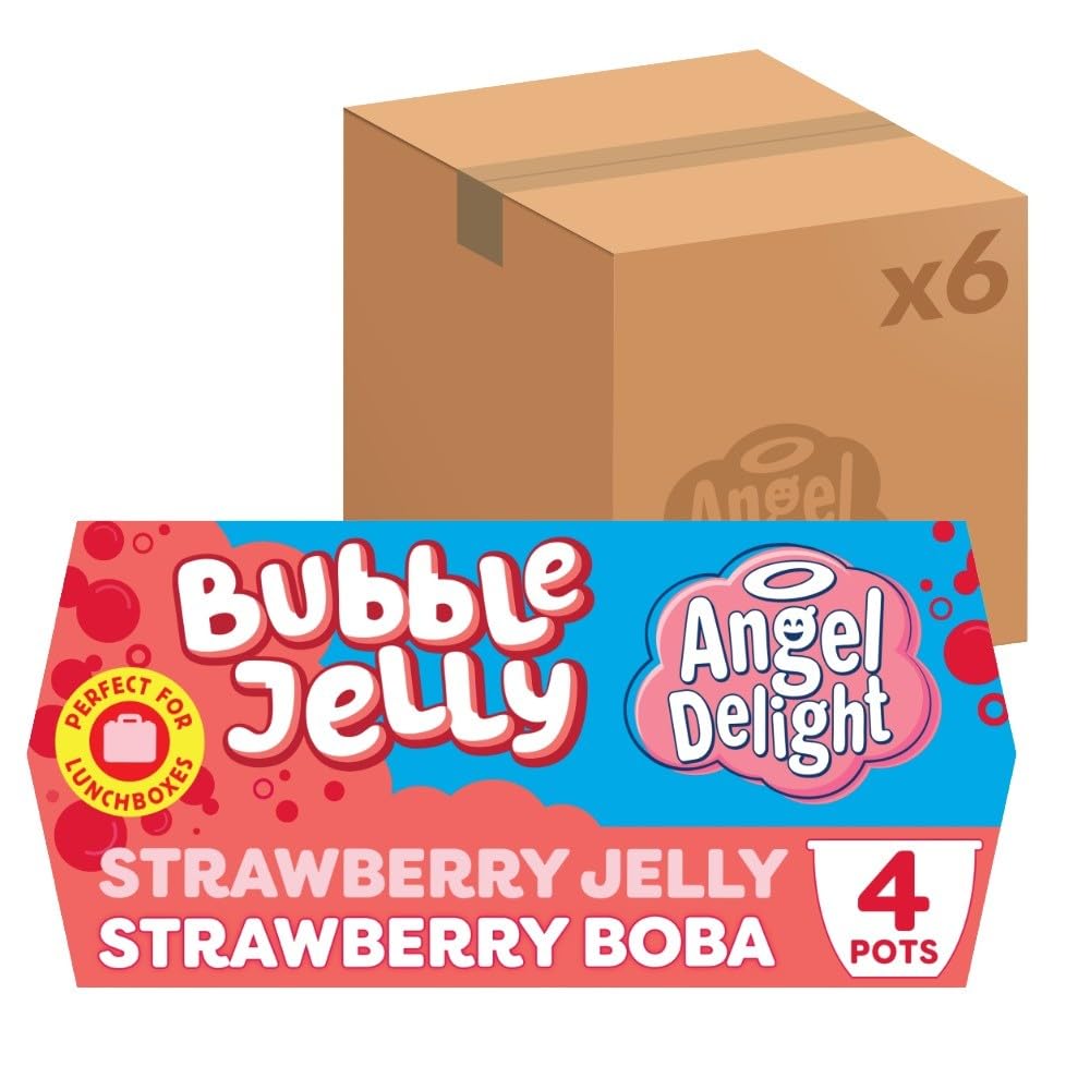 Angel Delight Strawberry Jelly and Strawberry Boba Bubble Dessert Snack Pot, 130 g (6 Packs of 4)
