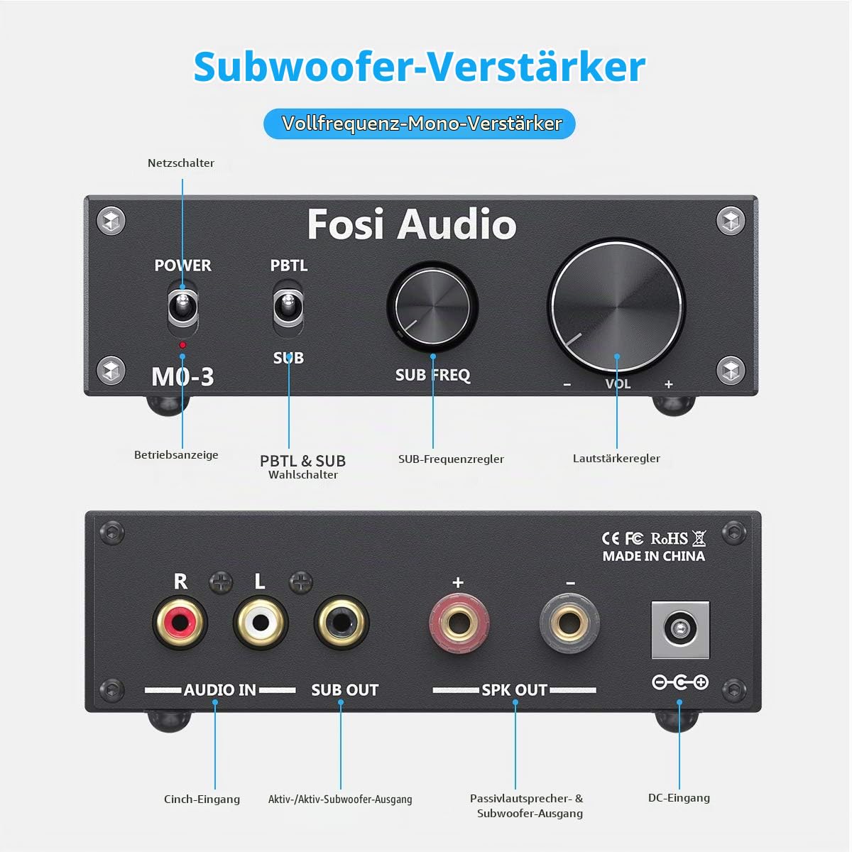 Fosi Audio M03 Subwoofer Verstärker 200W, TPA3255 Mini Monokanal Subwoofer-Verstärker, Voll-Frequenz & Sub-Bass umschaltbar Subwoofer Amplifier, integrierter Leistungsverstärker Klass-D für Subwoofer